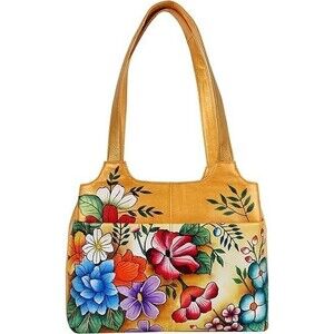 Maweshi Leather Hand Painted Floral Shoulder Bag Tote Purse Cottagecore Granny